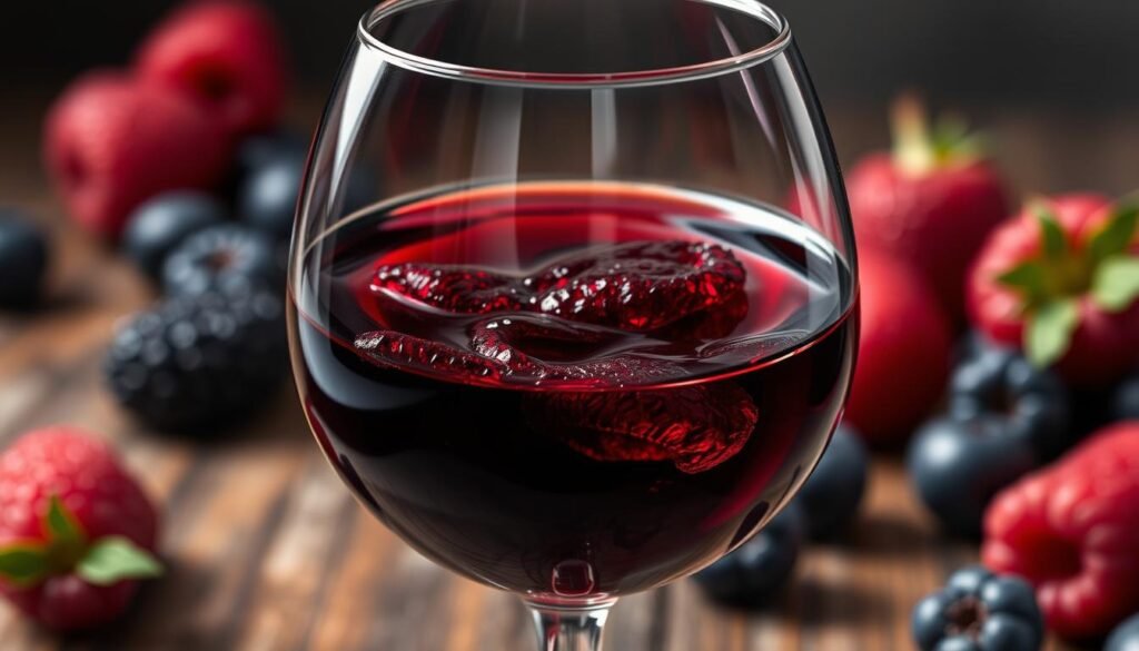 Generate an image of a rich, full-bodied wine with notes of blackberry, blueberry, and raspberry.