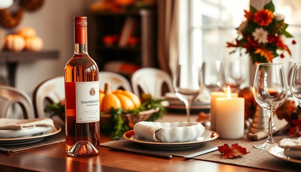 Generate an image of a rosé wine bottle next to a Thanksgiving dinner table.