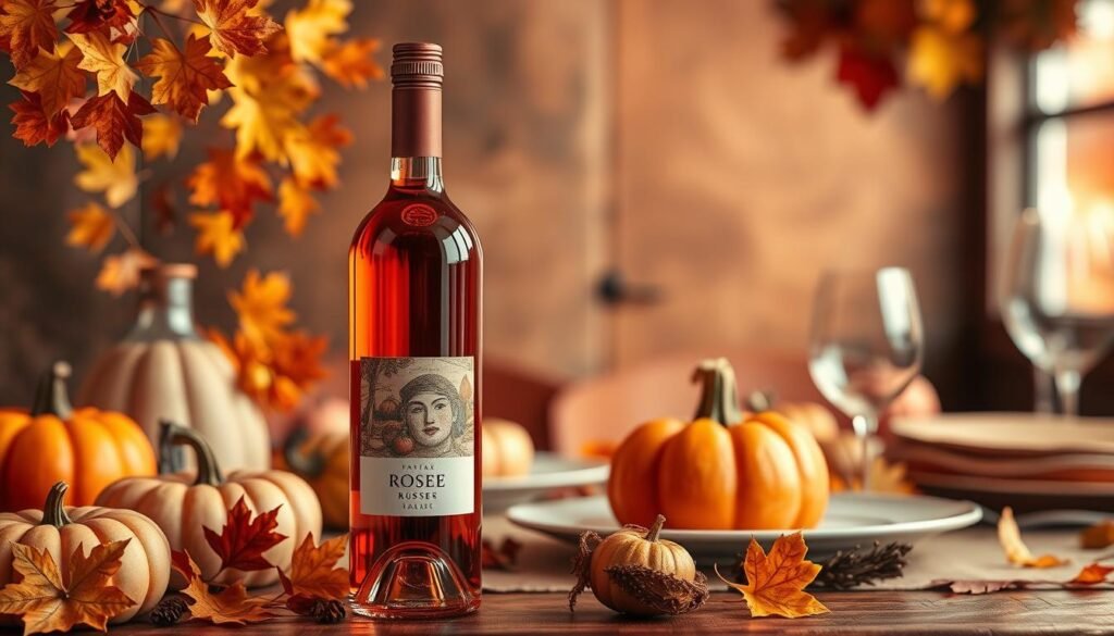 Generate an image of a rosé wine bottle with a Thanksgiving-themed background.