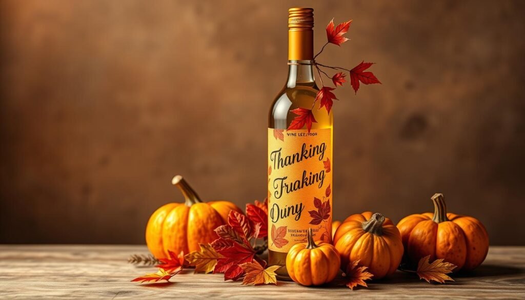 Generate an image of a wine bottle with a Thanksgiving theme