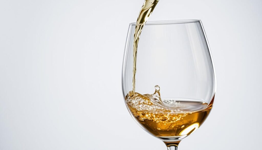 Generate an image of a wine glass with a crisp white wine being poured into it.