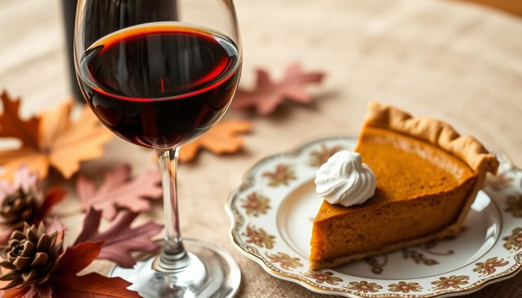 Generate an image of a wine glass with a dessert wine and a slice of pumpkin pie.