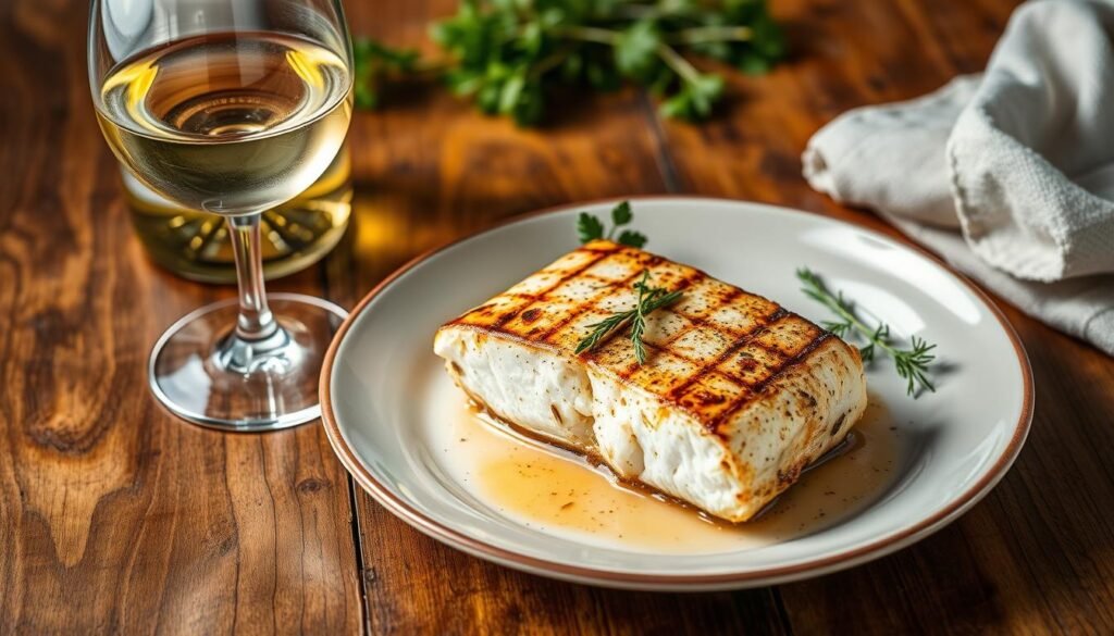 Generate an image of grilled halibut served with a glass of Pinot Grigio