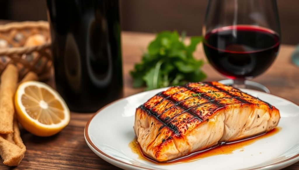 Generate an image of grilled salmon served with a glass of Pinot Noir