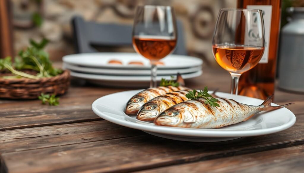 Generate an image of grilled sardines served with a glass of dry Rosé