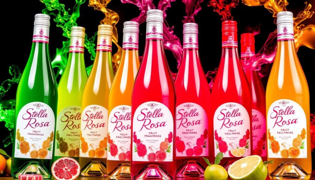 Generate an image of various Stella Rosa fruit-flavored wines arranged together, showcasing their vibrant colors.