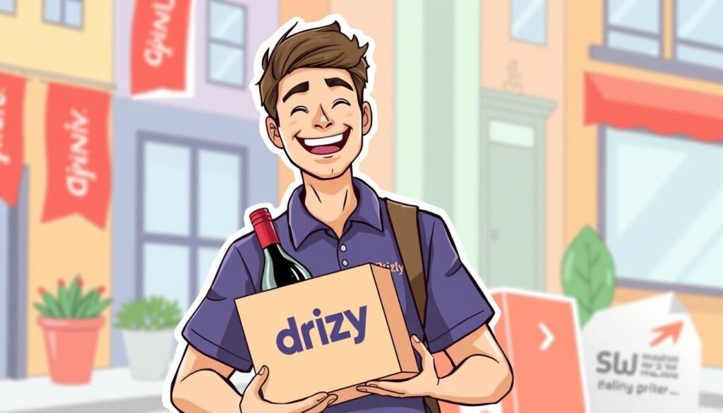 Image of Drizly delivery person holding a box of wine